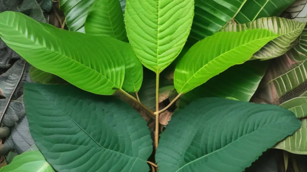 Takto vypadají listy kratomu, můžete si všimnout, že mají různou barvu.